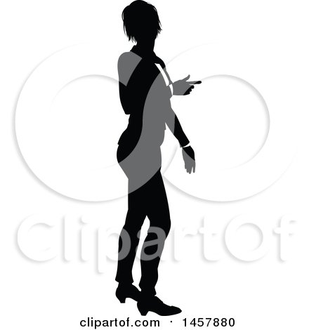 Clipart of a Black and White Silhouetted Business Woman Pointing - Royalty Free Vector Illustration by AtStockIllustration