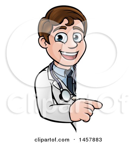 Clipart of a Cartoon Friendly Brunette White Male Doctor Pointing Around a Sign - Royalty Free Vector Illustration by AtStockIllustration