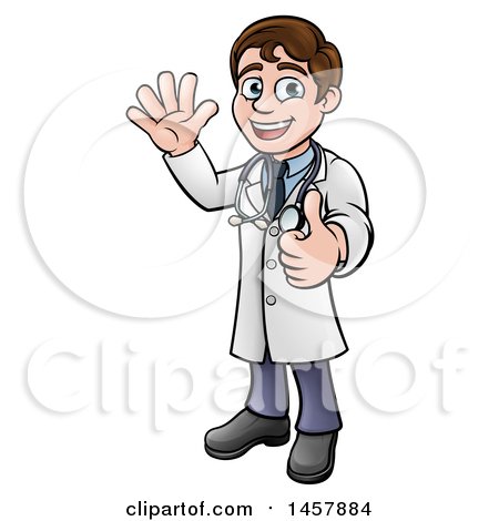 Clipart of a Cartoon Friendly Brunette White Male Doctor Waving and Giving a Thumb up - Royalty Free Vector Illustration by AtStockIllustration
