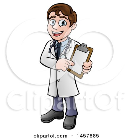 Clipart of a Cartoon Friendly Brunette White Male Doctor Holding a Chart - Royalty Free Vector Illustration by AtStockIllustration