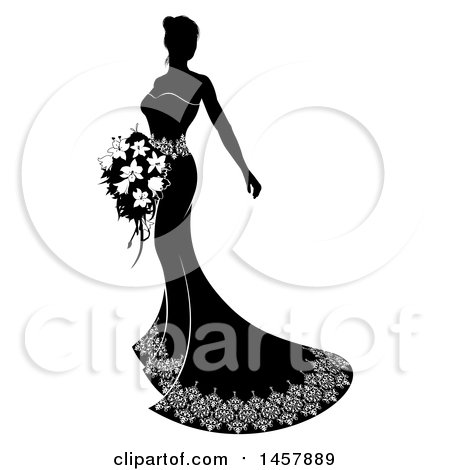 Clipart of a Silhouetted Black and White Bride Holding a Bouquet - Royalty Free Vector Illustration by AtStockIllustration