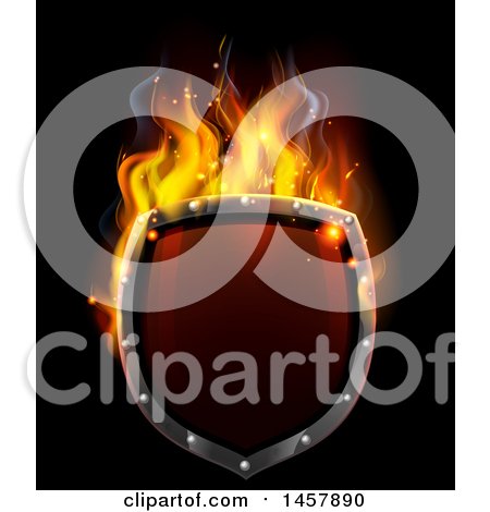 Clipart of a 3d Fiery Hot Shield on Black - Royalty Free Vector Illustration by AtStockIllustration