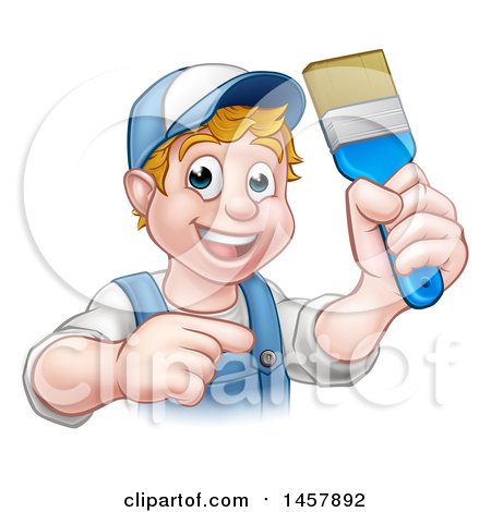 Clipart of a Cartoon Happy White Male Painter Holding up a Brush and Pointing - Royalty Free Vector Illustration by AtStockIllustration