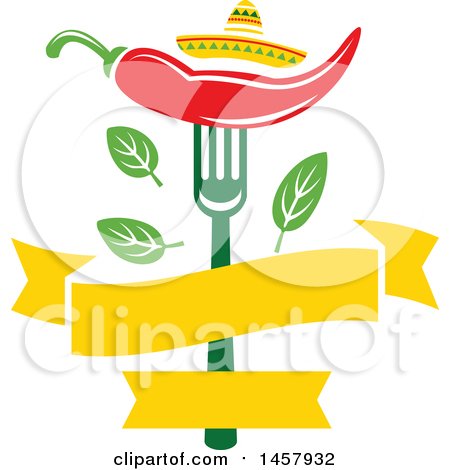 Clipart of a Mexican Cuisine Design with a Chili Pepper on a Fork, Sombrero Hat, Leaves and Blank Banner - Royalty Free Vector Illustration by Vector Tradition SM