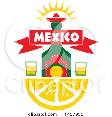 Clipart of a Mexican Design with an Alcohol Bottle and Glasses over a Lemon Wedge - Royalty Free Vector Illustration by Vector Tradition SM