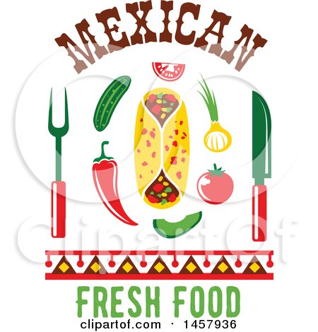 Clipart of a Mexican Cuisine Design with Chili Peppers, a Burrito, Cutlery, Veggies and Text - Royalty Free Vector Illustration by Vector Tradition SM