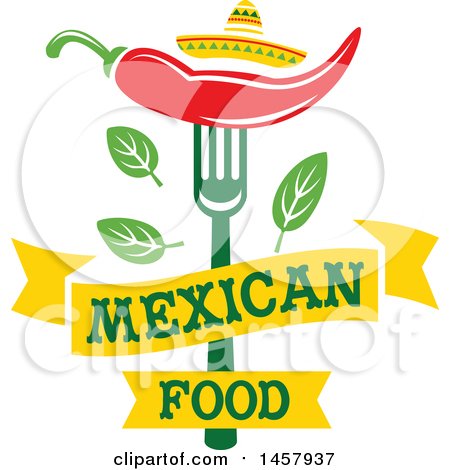 Clipart of a Mexican Cuisine Design with a Chili Pepper on a Fork, Sombrero Hat, Leaves and Text Banner - Royalty Free Vector Illustration by Vector Tradition SM