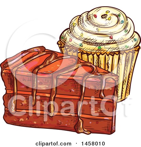 Clipart of a Sketched Cupcake and Chocolate Cake - Royalty Free Vector Illustration by Vector Tradition SM