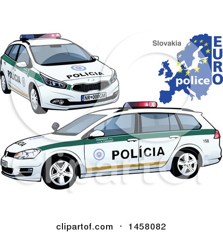 Clipart of a Slovak Police Car with a Map and Euro Police Text - Royalty Free Vector Illustration by dero