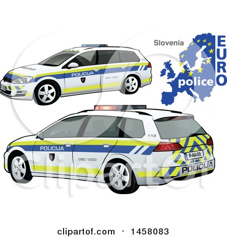Clipart of a Slovene Police Car with a Map and Euro Police Text - Royalty Free Vector Illustration by dero