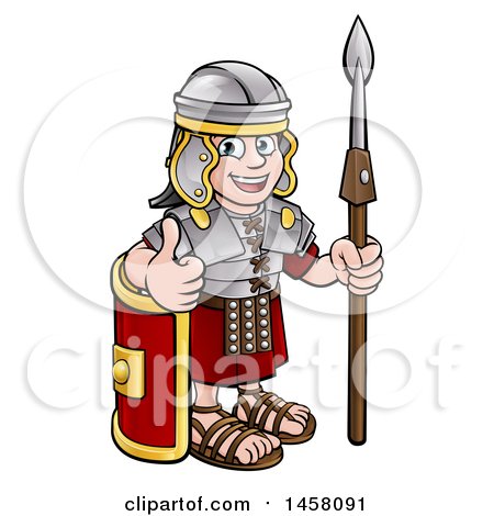Clipart of a Cartoon Happy Roman Soldier Holding a Spear, Leaning on a Shield and Giving a Thumb up - Royalty Free Vector Illustration by AtStockIllustration