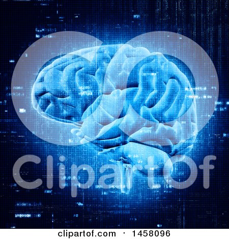 Clipart of a 3d Glowing Blue Brain with Programming Codes - Royalty Free Illustration by KJ Pargeter