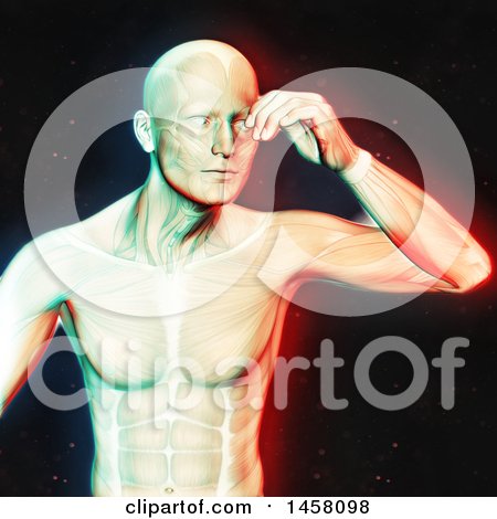 Clipart of a 3d Medical Male Figure with a Headache and Visible Muscles, with Dual Color Effect over Black - Royalty Free Illustration by KJ Pargeter