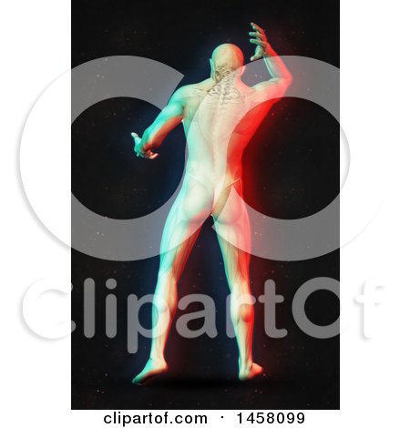 Clipart of a 3d Medical Male Figure with Neck Pain and Visible Spine, with Dual Color Effect over Black - Royalty Free Illustration by KJ Pargeter