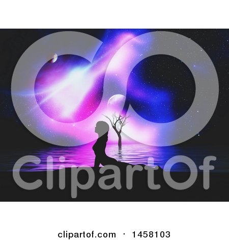 Clipart of a 3d Silhouetted Woman Doing Yoga Against a Night Sky and Water - Royalty Free Illustration by KJ Pargeter