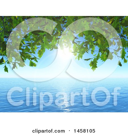 Clipart of a 3d Background of Green Leaves, a Sunny Sky and Ocean Water - Royalty Free Illustration by KJ Pargeter
