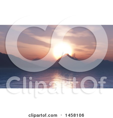 Clipart of a 3d Landscape of a Sunset with Mountains and a Bay - Royalty Free Illustration by KJ Pargeter