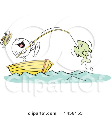 Clipart of a Cartoon Happy Moodie Character Catching a Big Fish While Fishing in a Boat - Royalty Free Vector Illustration by Johnny Sajem