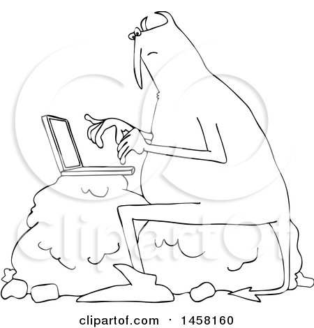 Clipart of a Chubby Devil Sitting on a Boulder and Using a Laptop Computer - Royalty Free Vector Illustration by djart