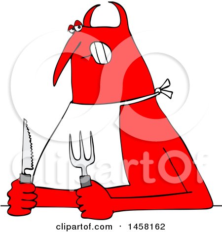 Clipart of a Chubby Hungry Red Devil Wearing a Big and Holding Cutlery - Royalty Free Vector Illustration by djart