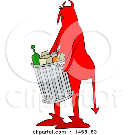 Clipart of a Chubby Red Devil Carrying a Trash Can - Royalty Free Vector Illustration by djart