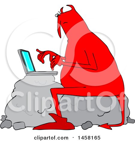Clipart of a Chubby Red Devil Sitting on a Boulder and Using a Laptop Computer - Royalty Free Vector Illustration by djart