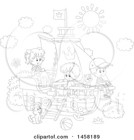 Clipart of a Black and White Group of Kids Playing on a Boat - Royalty Free Vector Illustration by Alex Bannykh