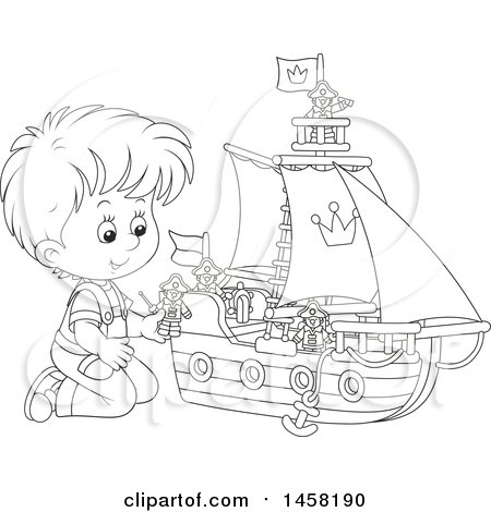 Clipart of a Black and White Boy Kneeling and Playing with a Toy Boat - Royalty Free Vector Illustration by Alex Bannykh