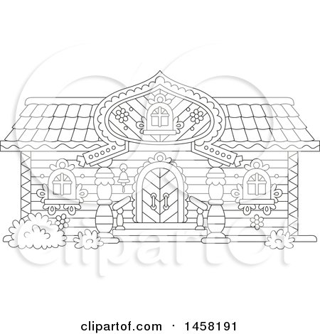 Clipart of a Black and White Fairy Tale Log Cabin Home - Royalty Free Vector Illustration by Alex Bannykh