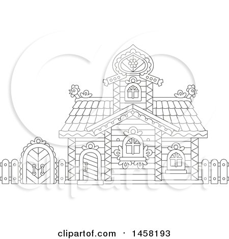 Clipart of a Black and White Fairy Tale Log Cabin - Royalty Free Vector Illustration by Alex Bannykh
