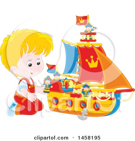 Clipart of a Caucasian Boy Kneeling and Playing with a Toy Boat - Royalty Free Vector Illustration by Alex Bannykh