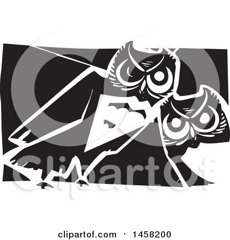 Clipart of a Woodcut Styled Pair of Curious Owls, in Black and White - Royalty Free Vector Illustration by xunantunich