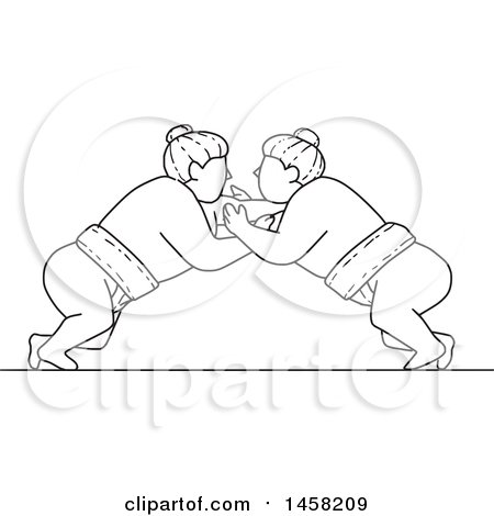 Clipart of a Match Between Sumo Wrestlers in Black and White Lineart Style - Royalty Free Vector Illustration by patrimonio