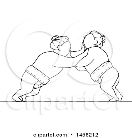 Clipart of a Match Between Sumo Wrestlers in Black and White Lineart Style - Royalty Free Vector Illustration by patrimonio