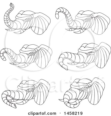 Clipart of Black and White Elephant Heads in Lineart Style - Royalty Free Vector Illustration by patrimonio