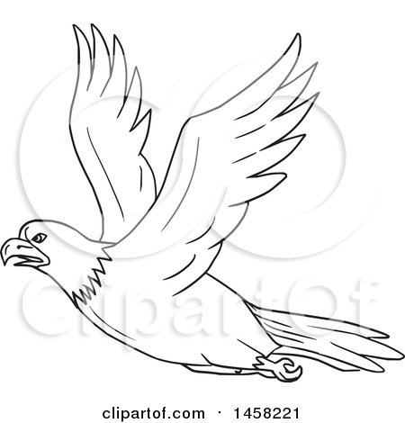 Clipart of a Black and White Flying Bald Eagle in Lineart Style - Royalty Free Vector Illustration by patrimonio