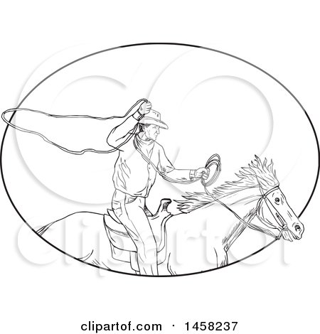 Clipart of a Roping Cowboy with a Lasso on Horseback, in Sketched Black and White Style Within an Oval - Royalty Free Vector Illustration by patrimonio