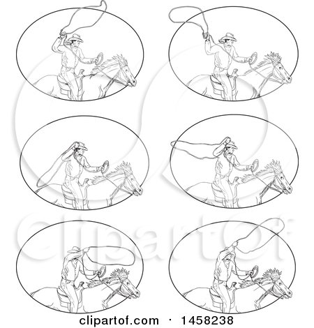 Clipart of Scenes of a Roping Cowboy with a Lasso on Horseback, in Sketched Black and White Style Within an Oval - Royalty Free Vector Illustration by patrimonio