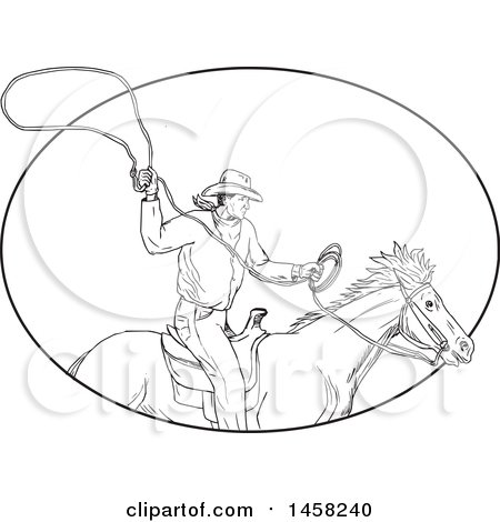Clipart of a Roping Cowboy with a Lasso on Horseback, in Sketched Black and White Style Within an Oval - Royalty Free Vector Illustration by patrimonio