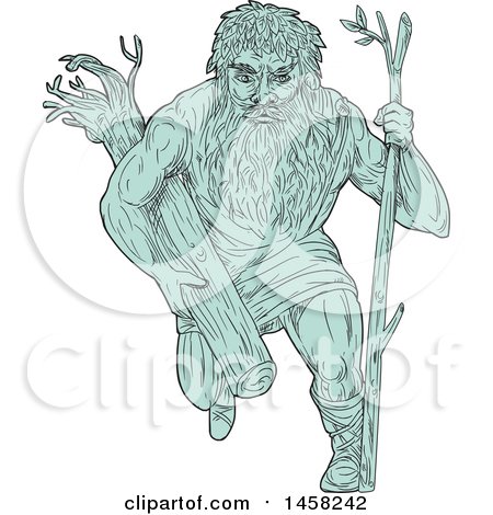 Clipart of a Leshy or Leshiye Running with a Tree Trunk, in Turquoise Sketch Style - Royalty Free Vector Illustration by patrimonio