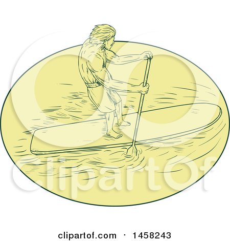 Clipart of a Man Paddle Boarding in a Yellow Oval, in Sketch Style - Royalty Free Vector Illustration by patrimonio