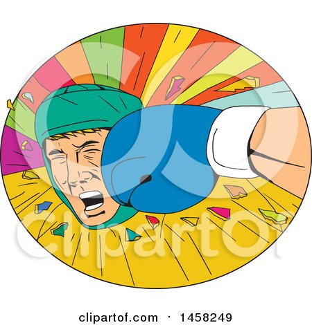 Clipart of a Boxer Being Punched in the Face in a Burst Oval, in Sketched Drawing Style - Royalty Free Vector Illustration by patrimonio