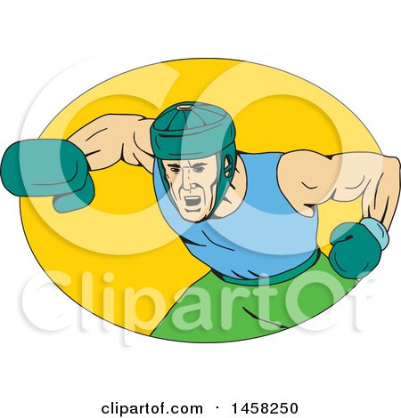 Clipart of a Male Boxer Fighter Hitting a Knockout Punch in a Yellow Oval, in Sketched Drawing Style - Royalty Free Vector Illustration by patrimonio