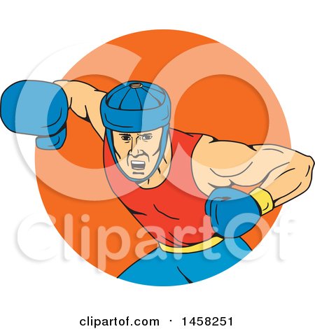 Clipart of a Male Boxer Fighter Hitting an Overhead Punch in an Orange Circle, in Sketched Drawing Style - Royalty Free Vector Illustration by patrimonio