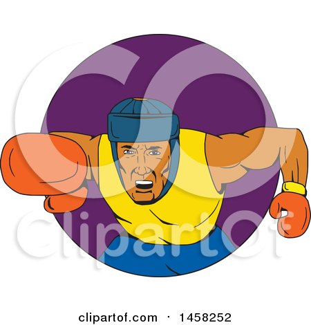 Clipart of a Male Boxer Fighter Punching in a Purple Circle, in Sketched Drawing Style - Royalty Free Vector Illustration by patrimonio