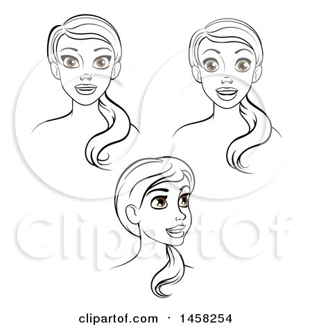 Clipart of a Black and White Set of Female Faces with Brown Eyes - Royalty Free Vector Illustration by AtStockIllustration