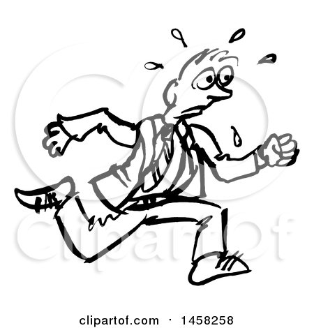 Clipart of a Sketched Businessman Running, in Black and White - Royalty Free Vector Illustration by AtStockIllustration