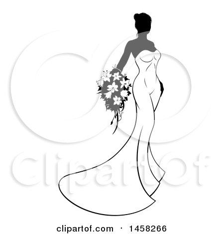 Clipart of a Silhouetted Black and White Bride Holding a Bouquet - Royalty Free Vector Illustration by AtStockIllustration