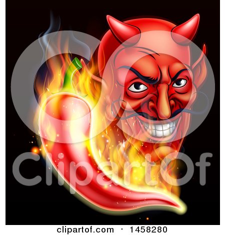 Clipart of a Grinning Cartoon Devil Face and Flaming Hot Chili Pepper on Black - Royalty Free Vector Illustration by AtStockIllustration