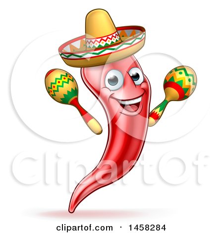 Clipart of a Cartoon Spicy Hot Red Chili Pepper Mascot Wearing a Sombrero and Shaking Mexican Maracas - Royalty Free Vector Illustration by AtStockIllustration